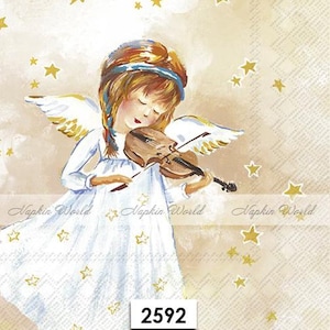 FREE SHIP - Two Paper Luncheon Decoupage Art Craft Napkins - (Design 2592) ANGEL Music Violin Stars Heaven image 1