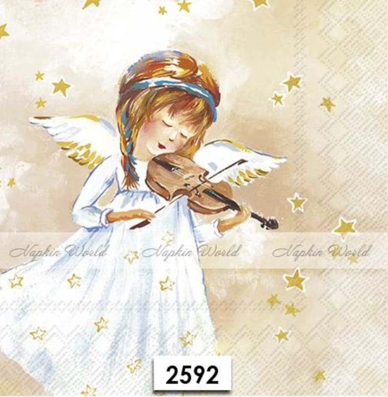 FREE SHIP - Two Paper Luncheon Decoupage Art Craft Napkins - (Design 2592) ANGEL Music Violin Stars Heaven image 1