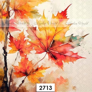 May include: Watercolor painting of vibrant autumn maple leaves in shades of red, orange, and yellow. The leaves are attached to thin brown branches. The text "2713" is in a white rectangle.