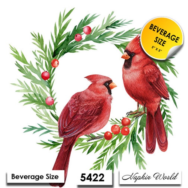 FREE SHIP - Two Paper ***BEVERAGE Size*** Decoupage Art Craft Napkins - (Design 5422) Red Cardinal Birds Christmas Pine Wreath Red Berries