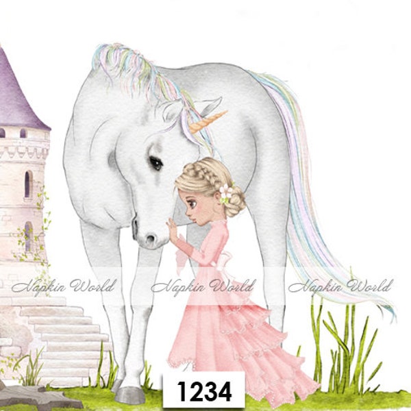 FREE SHIP - Two Paper Luncheon Decoupage Art Craft Napkins - (Design 1234) PRINCESS Castle Unicorn Fairytale  (see second picture)