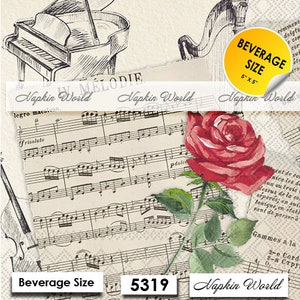 May include: A collage featuring musical elements and a red rose. The background includes sheet music, a piano, and a harp. A sticker indicates "BEVERAGE SIZE" at 5" x 5". The text "Napkin World" is also present.