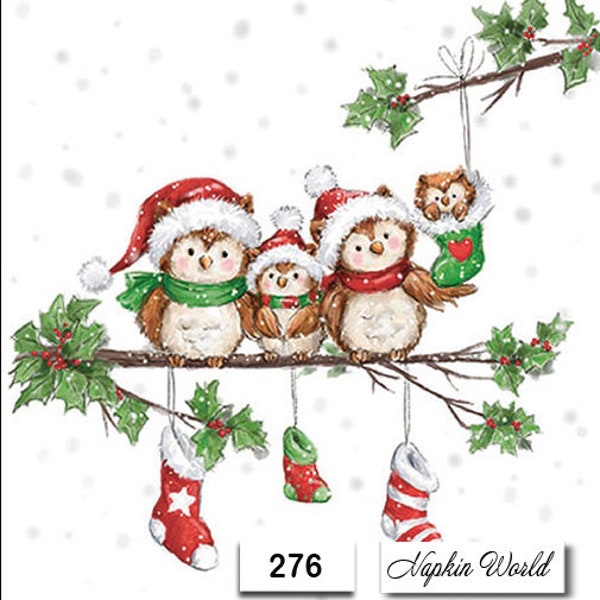 FREE SHIP - Two Paper Luncheon Decoupage Art Craft Napkins - (Design 276) Christmas OWLS Family Stockings Holly Santa Hats