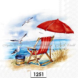 FREE SHIP - Two Paper Luncheon Decoupage Art Craft Napkins - (Design 1251) BEACH Chair Umbrella Shore Ocean Sea Seagulls Sand Vacation