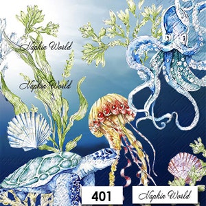 FREE SHIP - Two Paper Luncheon Decoupage Art Craft Napkins - (Design 401) Ocean Sea Marine Animals Octopus Turtle Jelly Fish Shells Seaweed