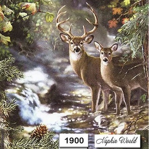FREE SHIP - Two Paper Luncheon Decoupage Art Craft Napkins - (Design 1900)  Forest DEER Creek Woods Wildlife Buck Doe Stag Woodland Stream