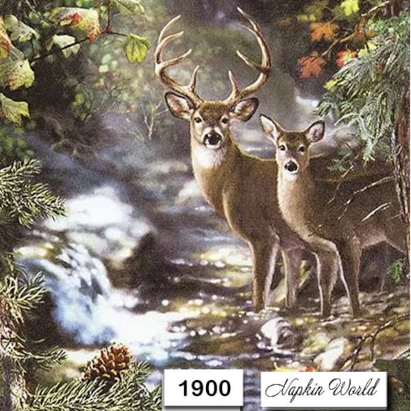 FREE SHIP - Two Paper Luncheon Decoupage Art Craft Napkins - (Design 1900)  Forest DEER Creek Woods Wildlife Buck Doe Stag Woodland Stream