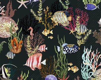 FREE SHIP - Two Paper Luncheon Decoupage Art Craft Napkins - (Design 2417) Ocean Seahorse FISH Coral Star Fish Plants Sea