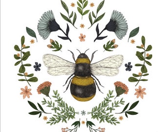 FREE SHIP - Two Paper Luncheon Decoupage Art Craft Napkins - (Design 228) BEE Bumblebee Flowers Insect Design Symmetry Round