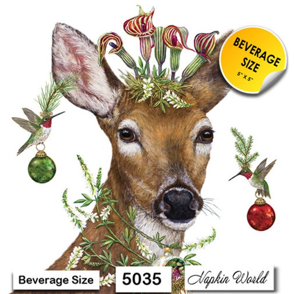 FREE SHIP - Two Paper ***BEVERAGE size*** Decoupage Art Craft Napkins - (Design 5035) Christmas Deer Hummingbirds Ornaments Headdress