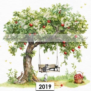 May include: A watercolor painting of a tree with red apples and white flowers. Two black and white cats are sitting on a swing hanging from the tree. A third cat is standing on the ground below the tree. The year 2019 is written on the ground in front of the tree.