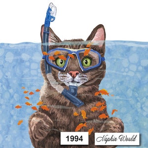 FREE SHIP - Two Paper Luncheon Decoupage Art Craft Napkins - (Design 1994) CAT Snorkeling Snorkel Swimming Underwater Humorous Fish