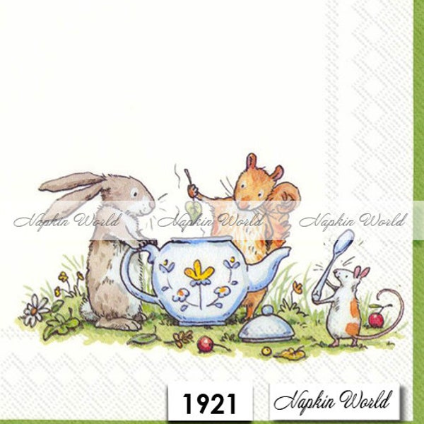 FREE SHIP - Two Paper Luncheon Decoupage Art Craft Napkins - (Design 1921) Tea PARTY Rabbit Squirrel Mouse Teapot Cute Animals