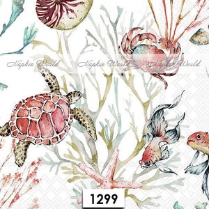 May include: Watercolor illustration of a sea turtle, crab, starfish, and fish on a white background. The illustration is surrounded by coral and seaweed. The number 1299 is printed in the bottom center of the image.