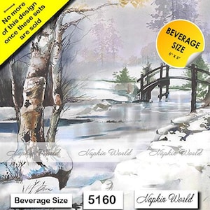 May include: A watercolor painting of a snowy winter scene with a small wooden bridge over a stream. The painting is in shades of blue, gray, and white, with a few touches of brown. The text "Beverage Size 5" x 5"  is visible in the upper right corner of the image. The text "Napkin World" is visible in the lower right corner of the image.