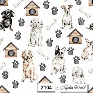 FREE SHIP - Two Paper Luncheon Decoupage Art Craft Napkins - (Design 2104)  DOGS Pups Puppies Dog House Paw Prints Bones