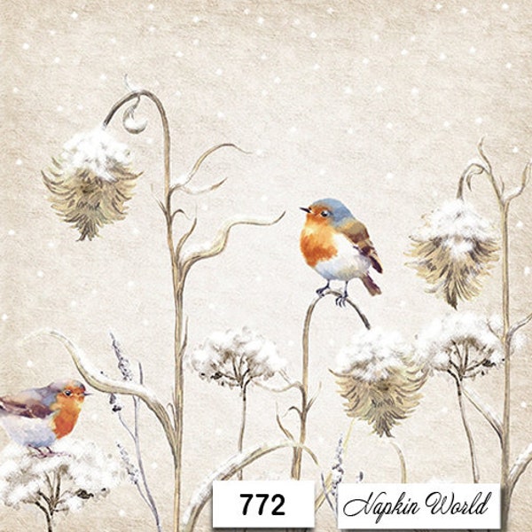 FREE SHIP - Two Paper Luncheon Decoupage Art Craft Napkins - (Design 772)  Robin BIRD Thistles Winter