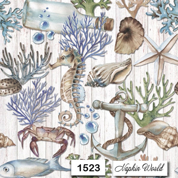 FREE SHIP - Two Paper Luncheon Decoupage Art Craft Napkins - (Design 1523) Underwater SEA Life Shells Ocean Seahorse Crabs Fish Bottle