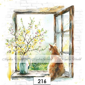 May include: A watercolor painting of a cat sitting on a windowsill, looking out the window. The window is open and there is a vase of yellow flowers on the sill. The cat is brown and white and the flowers are yellow and green. The background is a white brick wall.