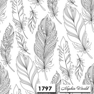 May include: Black and white line art design featuring a repeating pattern of stylized feathers. The design includes intricate details and swirls. The text "Napkin World" and the number "1797" are visible in the bottom right corner of the image.