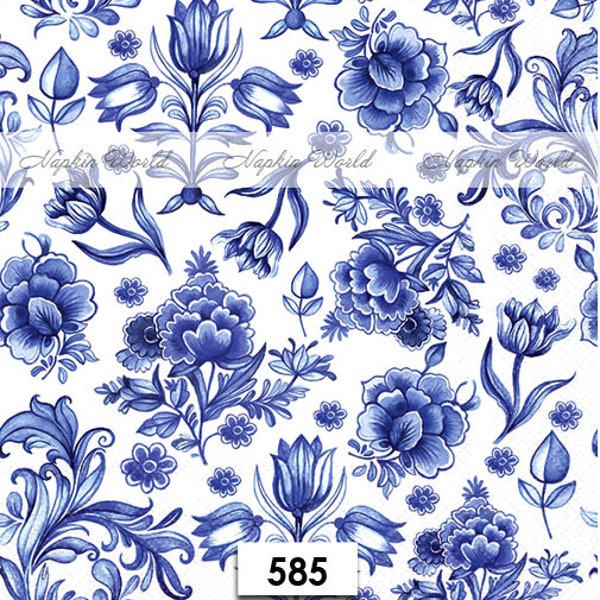 FREE SHIP - Two Paper Luncheon Decoupage Art Craft Napkins - (Design 585) Delft Blue FLOWERS on white Floral