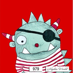 May include: A green monster with a red and white striped shirt and an eye patch. The monster has a red nose and a big smile. The background is red. The text "979" and "Napkin World" are at the bottom of the image.