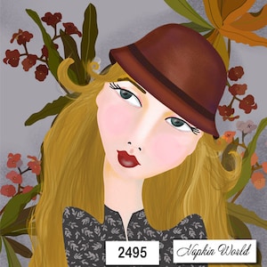 May include: A woman with long blonde hair wears a brown hat with a black band. She has a light pink complexion and is wearing a black and white patterned dress. The background is a gray and white floral pattern.