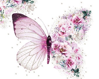 FREE SHIP - Two Paper Luncheon Decoupage Art Craft Napkins - (Design 277)  Floral BUTTERFLY Pink Flowers