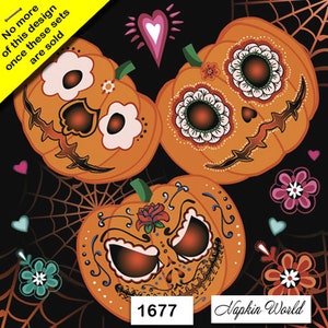 FREE SHIP - Two Paper Luncheon Decoupage Art Craft Napkins - (Design 1677) PUMPKINS Mexican Halloween Día de los Muertos Spooky Scary