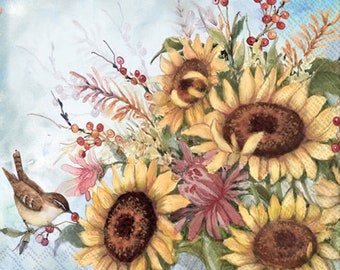 FREE SHIP - Two Paper Luncheon Decoupage Art Craft Napkins - (Design 1454) SUNFLOWERS Flowers Autumn Bird Berries Late Summer