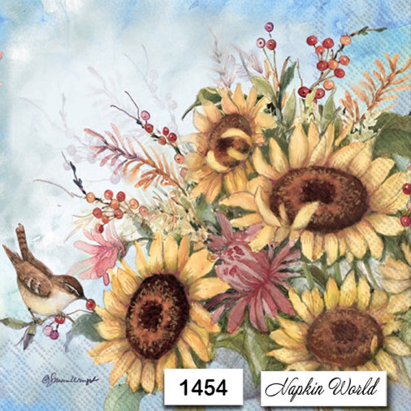 FREE SHIP - Two Paper Luncheon Decoupage Art Craft Napkins - (Design 1454) SUNFLOWERS Flowers Autumn Bird Berries Late Summer