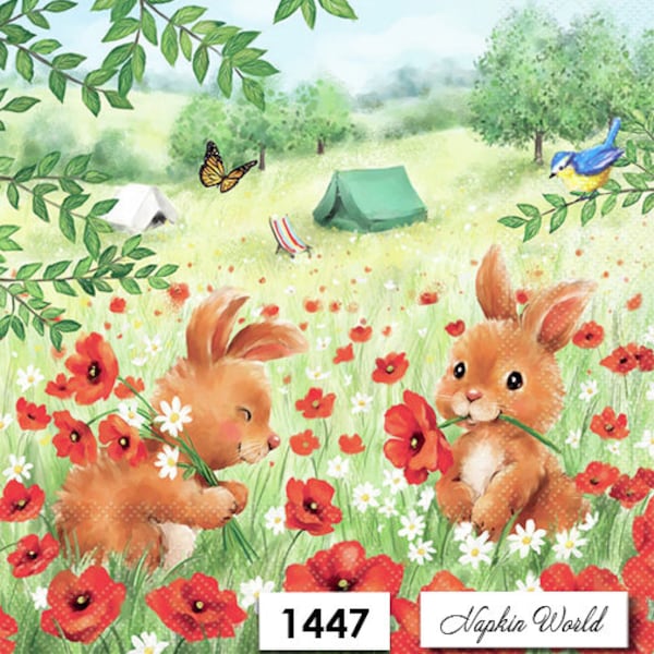 FREE SHIP - Two Paper Luncheon Decoupage Art Craft Napkins - (Design 1447) BUNNY Rabbits Camp Meadow Red Poppies Poppy Flowers Spring Field