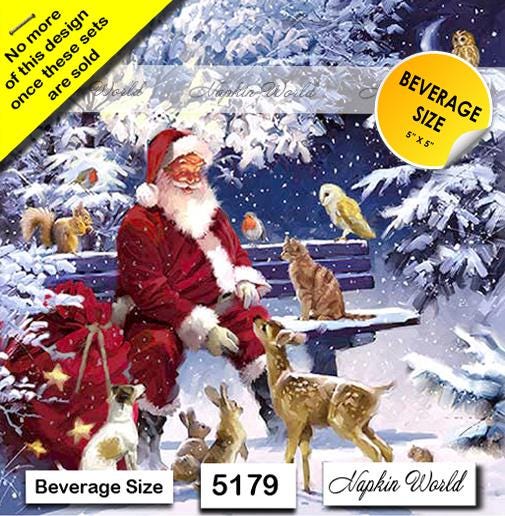 FREE SHIP - Two Paper ***BEVERAGE Size*** Decoupage Art Craft Napkins - (Design 5179) Christmas Santa Claus Bench Animals