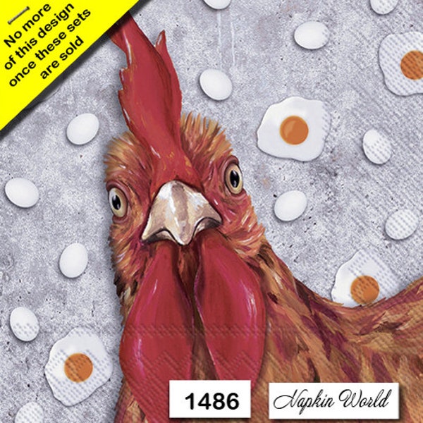 FREE SHIP - Two Paper Luncheon Decoupage Art Craft Napkins - (Design 1486)  ROOSTER Chicken Eggs Humorous Funny Poultry