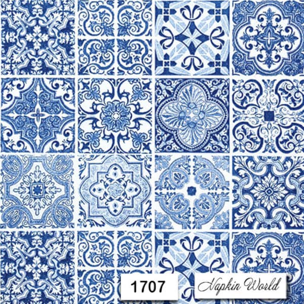 FREE SHIP - Two Paper Luncheon Decoupage Art Craft Napkins - (Design 1707) Blue TILES Design Pattern