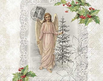 FREE SHIP - Two Paper Luncheon Decoupage Art Craft Napkins - (Design 207) ANGEL Christmas Tree Holly Lace Vintage