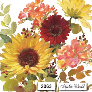 May include: A vibrant floral arrangement featuring sunflowers, gerbera daisies, and other flowers in shades of yellow, red, and orange. The image includes the text "2063" and "Napkin World".