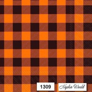 May include: Orange and black checkered pattern paper napkins. The napkins have the text "Napkin World" and the number "1309" printed on them.