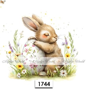 May include: A watercolor illustration of a brown bunny rabbit with closed eyes holding a white egg with pink and purple floral designs. The bunny is surrounded by green grass and yellow, pink, and purple flowers.