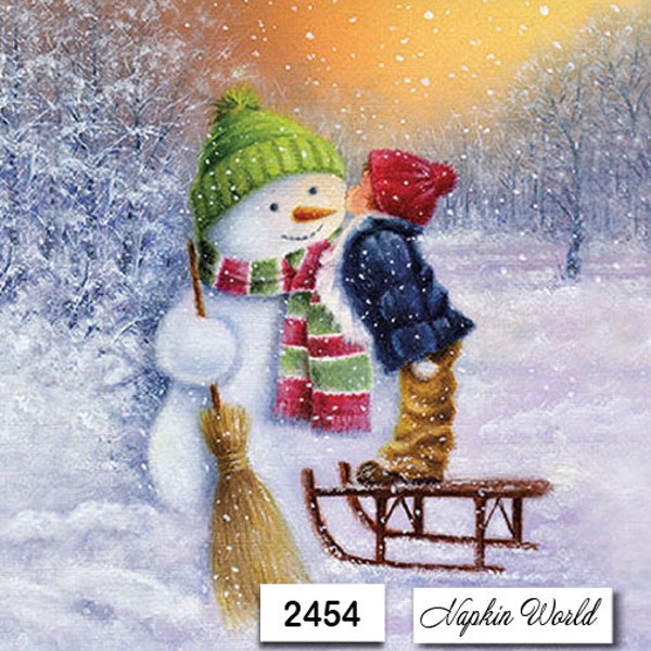 FREE SHIP - Two Paper Luncheon Decoupage Art Craft Napkins - (Design 2454) SNOWMAN Child Kiss Winter Snow