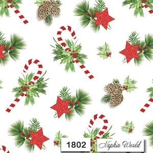 May include: White background with a repeating pattern of Christmas elements. Candy canes, red glitter stars, pine cones, holly, and evergreen branches are scattered across the surface. The text "1802 Napkin World" is in the bottom right corner.