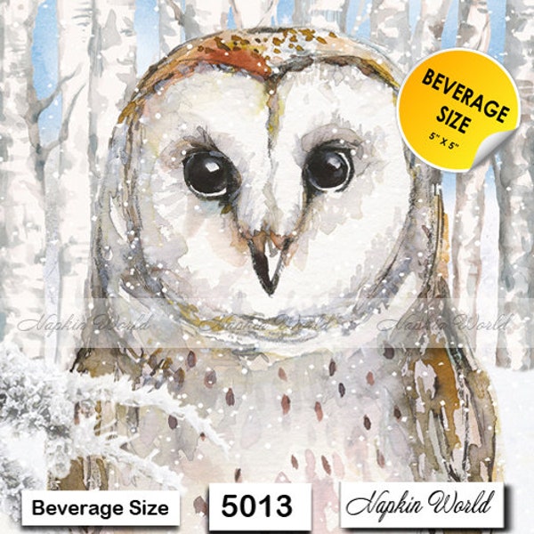 FREE SHIP - Two Paper ***BEVERAGE Size*** Decoupage Art Craft Napkins - (Design 5013) Owl Bird of Prey Snow Winter Woods Forest