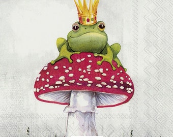 FREE SHIP - Two Paper Luncheon Decoupage Art Craft Napkins - (Design 2064) FROG Toadstool Mushroom Crown