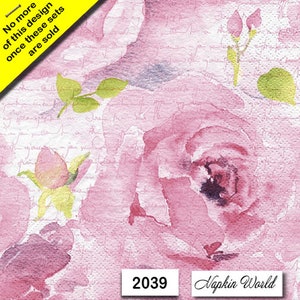 FREE SHIP - Two Paper Luncheon Decoupage Art Craft Napkins - (Design 2039) Pink ROSES Script Flowers