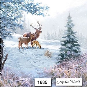 May include: A winter scene with three deer in a snowy forest. The deer are brown and white with antlers. The forest is covered in snow and there is a large pine tree in the background. The image is titled "Napkin World" and the number "1685" is in the bottom left corner.
