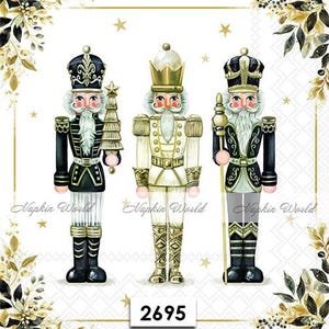 May include: Three decorative nutcrackers in black, white, and gold. The nutcrackers have detailed uniforms, crowns, and facial features. One holds a tree, another a staff. The background is white with gold accents and stars.