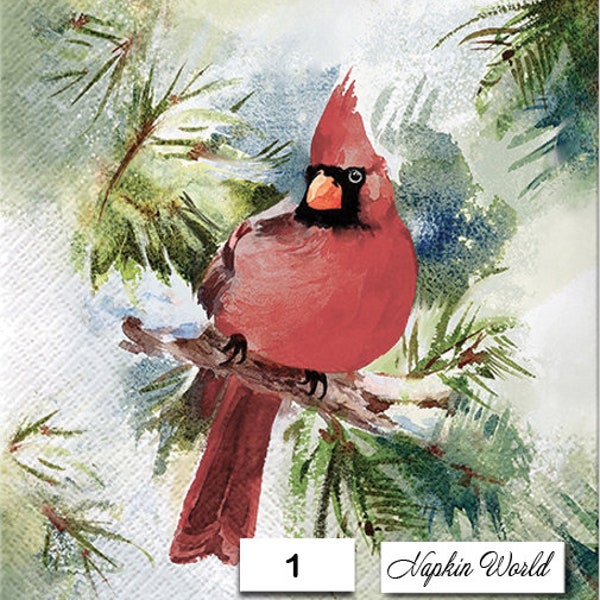 FREE SHIP - Two Paper Luncheon Decoupage Art Craft Napkins - (Design 1)  CARDINAL Bird Pine Branch
