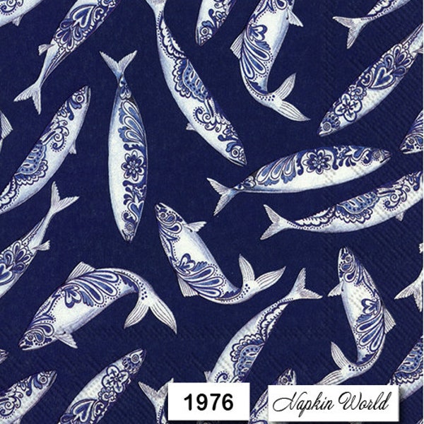 FREE SHIP - Two Paper Luncheon Decoupage Art Craft Napkins - (Design 1976) Decorative FISH White on Navy Blue Background