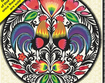 May include: A colorful folk art design featuring two roosters with black, red, yellow, green, blue, and purple accents. The roosters are facing each other and are surrounded by flowers and leaves. The design is set against a white background and has a black border. The number 709 is printed at the bottom of the design. The text "Napkin World" is printed at the bottom right of the design.