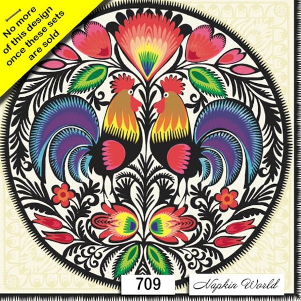 FREE SHIP - Two Paper Luncheon Decoupage Art Craft Napkins - (Design 709) ROOSTERS Chickens Circular Design Symmetry Colorful Fowl Artsy